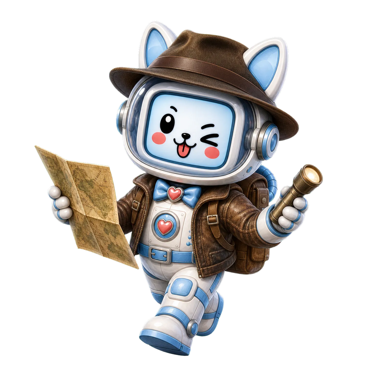 Catbot-путешественник QRKO с рюкзаком и картой